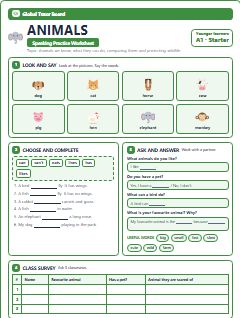 First page of Animals, A1 worksheet