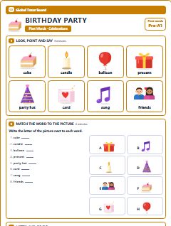First page of First Words: Birthday Party, Pre-A1 worksheet