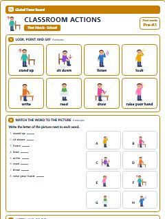 First page of First Words: Classroom Actions, Pre-A1 worksheet