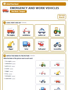 First page of First Words: Emergency and Work Vehicles, Pre-A1 worksheet
