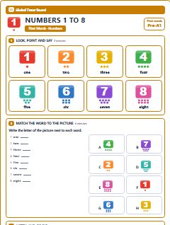 First page of First Words: Numbers 1 to 8, Pre-A1 worksheet