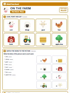First page of First Words: On the Farm, Pre-A1 worksheet