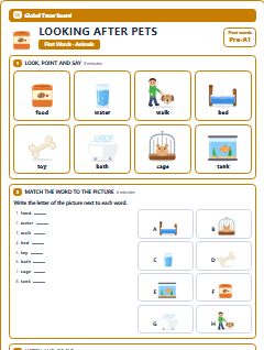 First page of First Words: Looking After Pets, Pre-A1 worksheet