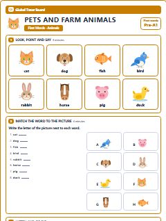 First page of First Words: Pets and Farm Animals, Pre-A1 worksheet