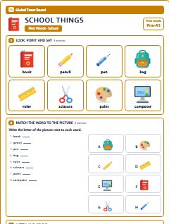 First page of First Words: School Things, Pre-A1 worksheet