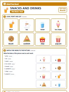 First page of First Words: Snacks and Drinks, Pre-A1 worksheet