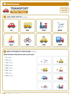 First page of First Words: Transport, Pre-A1 worksheet