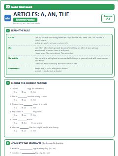 First page of Articles: a, an, the, A1 grammar pack