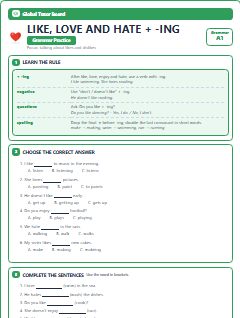 First page of like, love and hate + -ing, A1 grammar pack