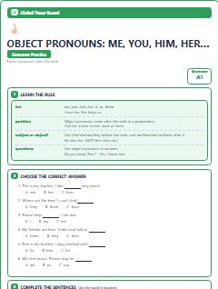First page of Object Pronouns: me, you, him, her…, A1 grammar pack
