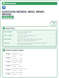 First page of Question Words: who, what, where…, A1 grammar pack