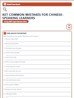 First page of KET Common Mistakes for Chinese-speaking Learners, A2 worksheet