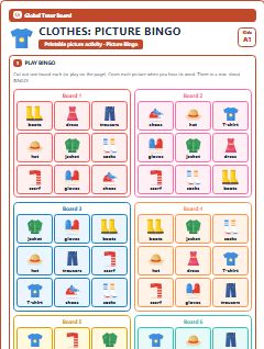 First page of Clothes: Picture Bingo, A1 speaking cards