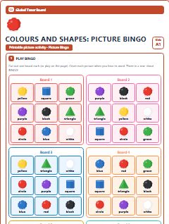First page of Colours and Shapes: Picture Bingo, A1 speaking cards