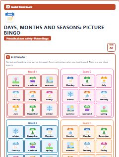 First page of Days, Months and Seasons: Picture Bingo, A1 speaking cards