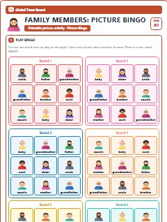 First page of Family Members: Picture Bingo, A1 speaking cards