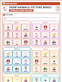 First page of Farm Animals: Picture Bingo, A1 speaking cards