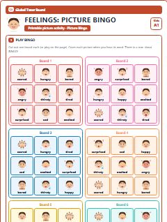 First page of Feelings: Picture Bingo, A1 speaking cards