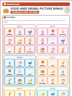 First page of Food and Drink: Picture Bingo, A1 speaking cards