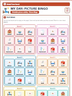 First page of My Day: Picture Bingo, A1 speaking cards