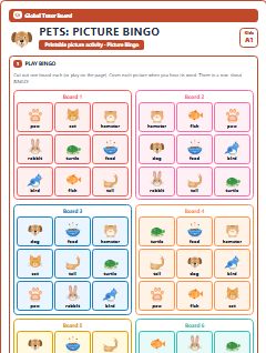 First page of Pets: Picture Bingo, A1 speaking cards