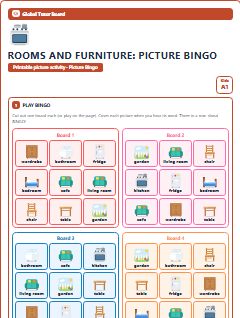 First page of Rooms and Furniture: Picture Bingo, A1 speaking cards