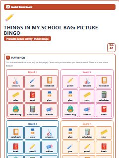 First page of Things in My School Bag: Picture Bingo, A1 speaking cards