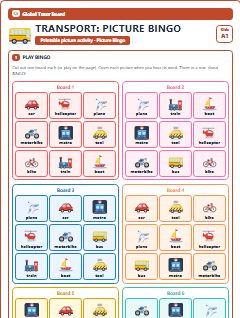 First page of Transport: Picture Bingo, A1 speaking cards
