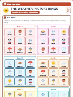 First page of The Weather: Picture Bingo, A1 speaking cards