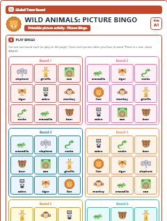 First page of Wild Animals: Picture Bingo, A1 speaking cards