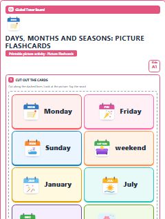First page of Days, Months and Seasons: Picture Flashcards, A1 speaking cards