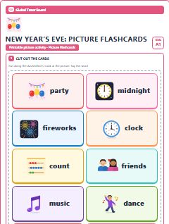 First page of New Year’s Eve: Picture Flashcards, A1 speaking cards