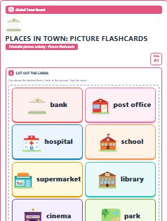 First page of Places in Town: Picture Flashcards, A1 speaking cards