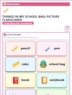 First page of Things in My School Bag: Picture Flashcards, A1 speaking cards