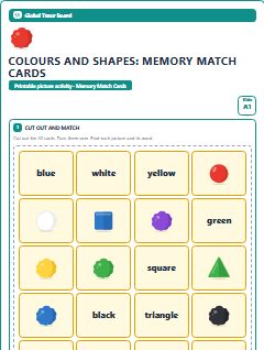First page of Colours and Shapes: Memory Match Cards, A1 speaking cards