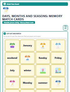 First page of Days, Months and Seasons: Memory Match Cards, A1 speaking cards