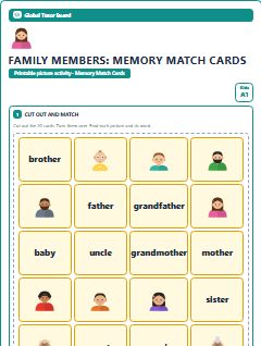 First page of Family Members: Memory Match Cards, A1 speaking cards