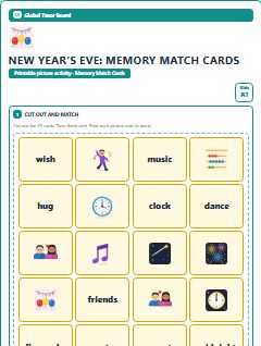 First page of New Year’s Eve: Memory Match Cards, A1 speaking cards