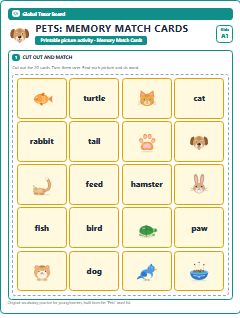 First page of Pets: Memory Match Cards, A1 speaking cards