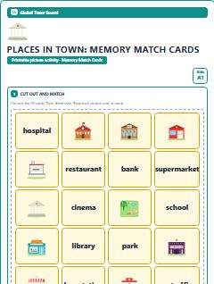 First page of Places in Town: Memory Match Cards, A1 speaking cards