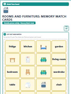 First page of Rooms and Furniture: Memory Match Cards, A1 speaking cards