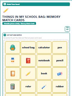 First page of Things in My School Bag: Memory Match Cards, A1 speaking cards