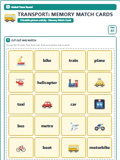 First page of Transport: Memory Match Cards, A1 speaking cards