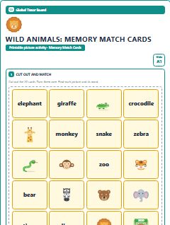 First page of Wild Animals: Memory Match Cards, A1 speaking cards