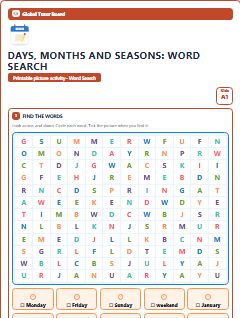 First page of Days, Months and Seasons: Word Search, A1 worksheet