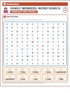 First page of Family Members: Word Search, A1 worksheet