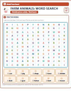 First page of Farm Animals: Word Search, A1 worksheet
