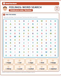 First page of Feelings: Word Search, A1 worksheet