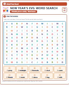First page of New Year’s Eve: Word Search, A1 worksheet