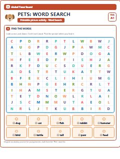 First page of Pets: Word Search, A1 worksheet